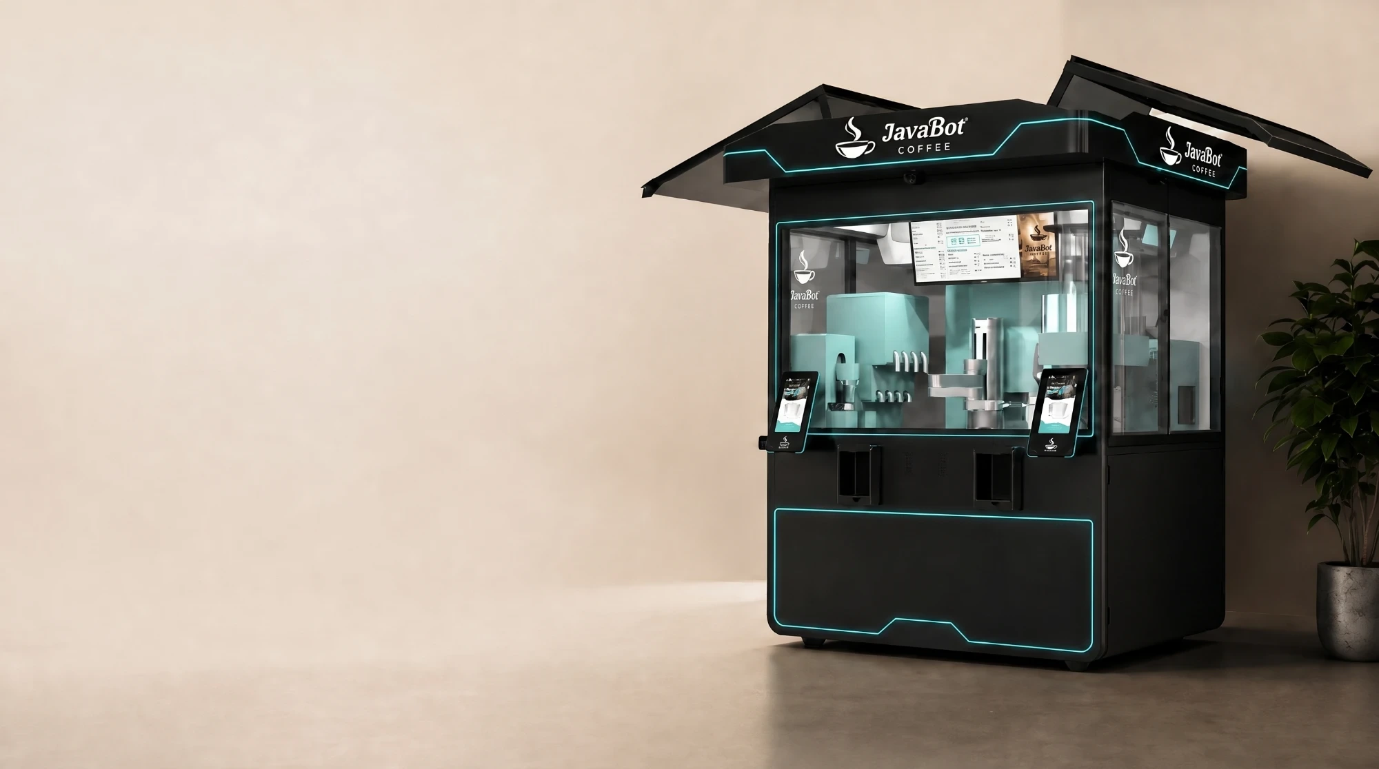 JavaBot robotkafé-kiosk i et lyst lokale